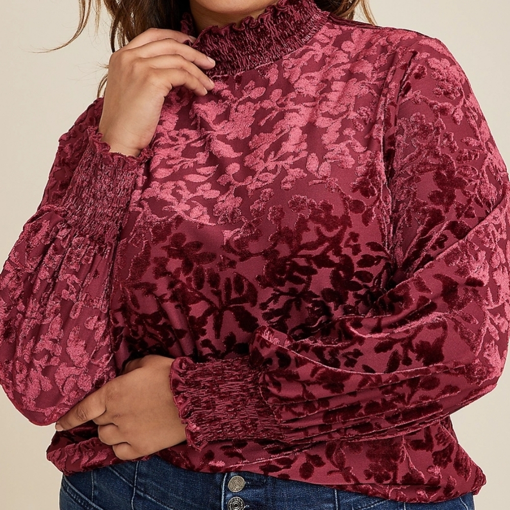 Maurices Plus Velvet Burnout Mock Neck Long Sleeve Blouse 4X‎